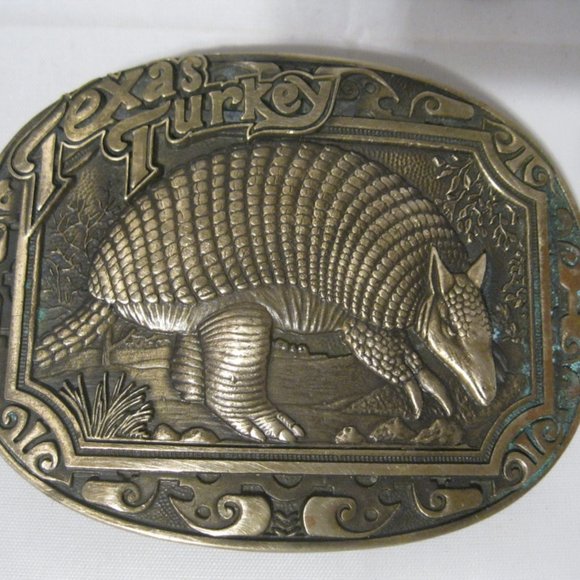 Rare  Brass Belt Buckle Texas Turkey Armadillo Vtg - Picture 5 of 5